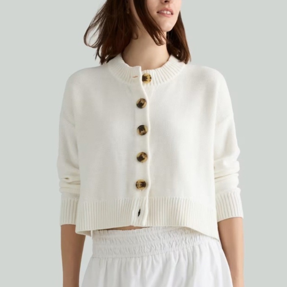 Quince Ivory 100% Organic Cotton Cropped Cardigan Sweater XS Tortoise Buttons
